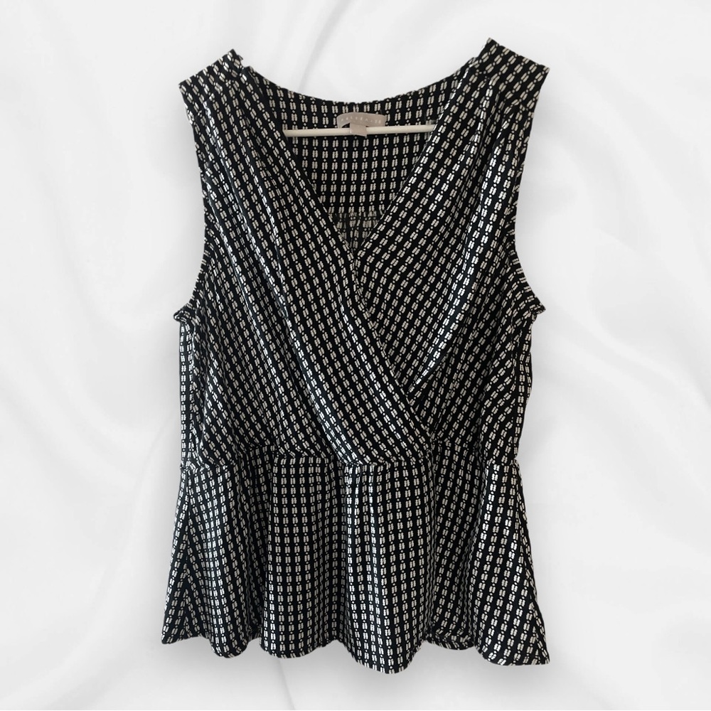 Chelsea28 Black and White Geo Faux Wrap Peplum Blouse Large Nordstrom